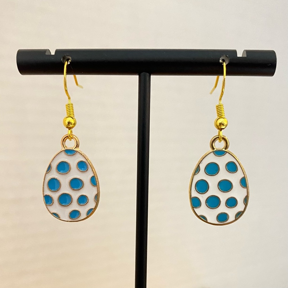 Blue Polkadot Earrings Gold Tone